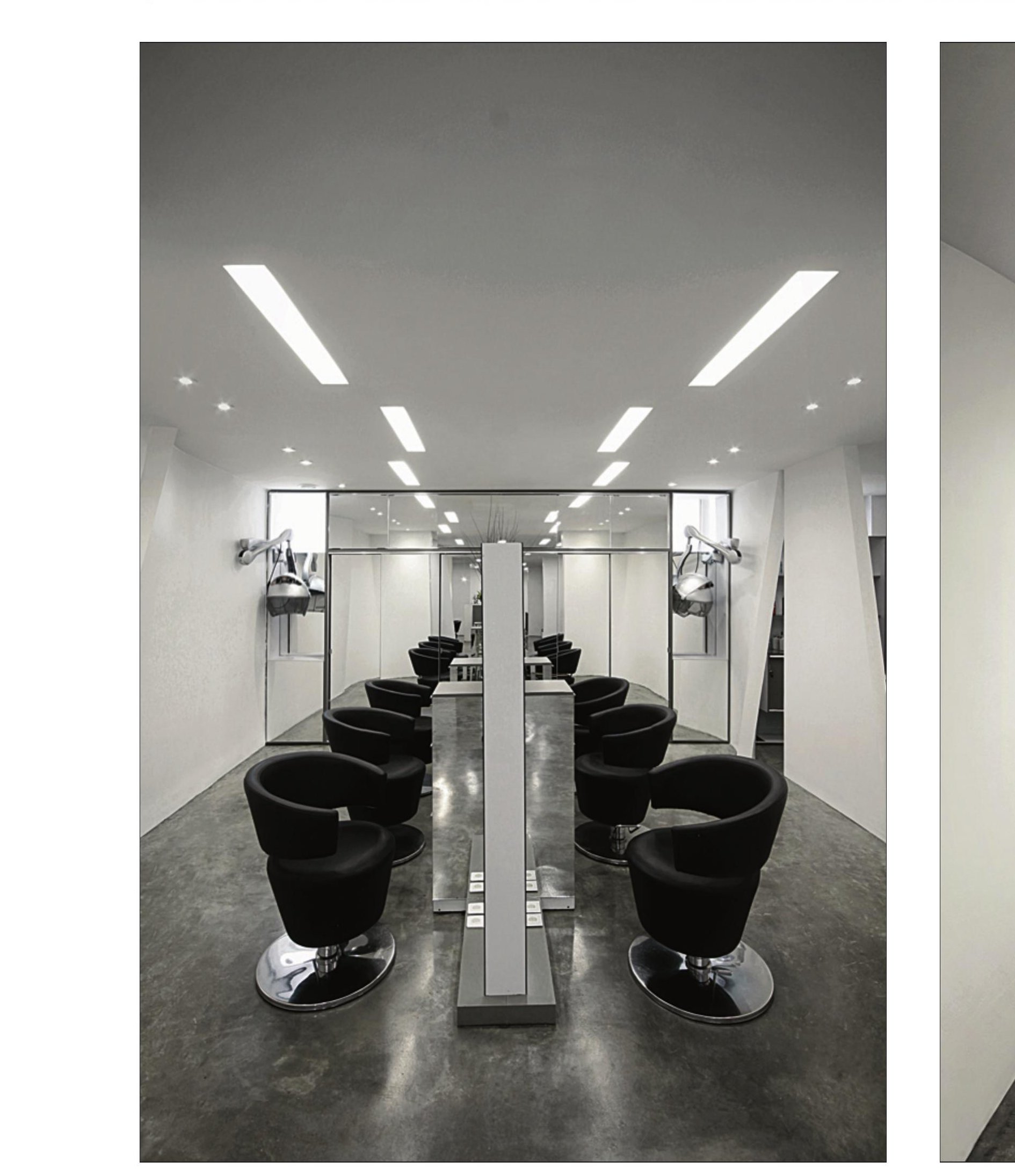 Beauty House — the central styling row in the open ring, mirrored on both long walls.