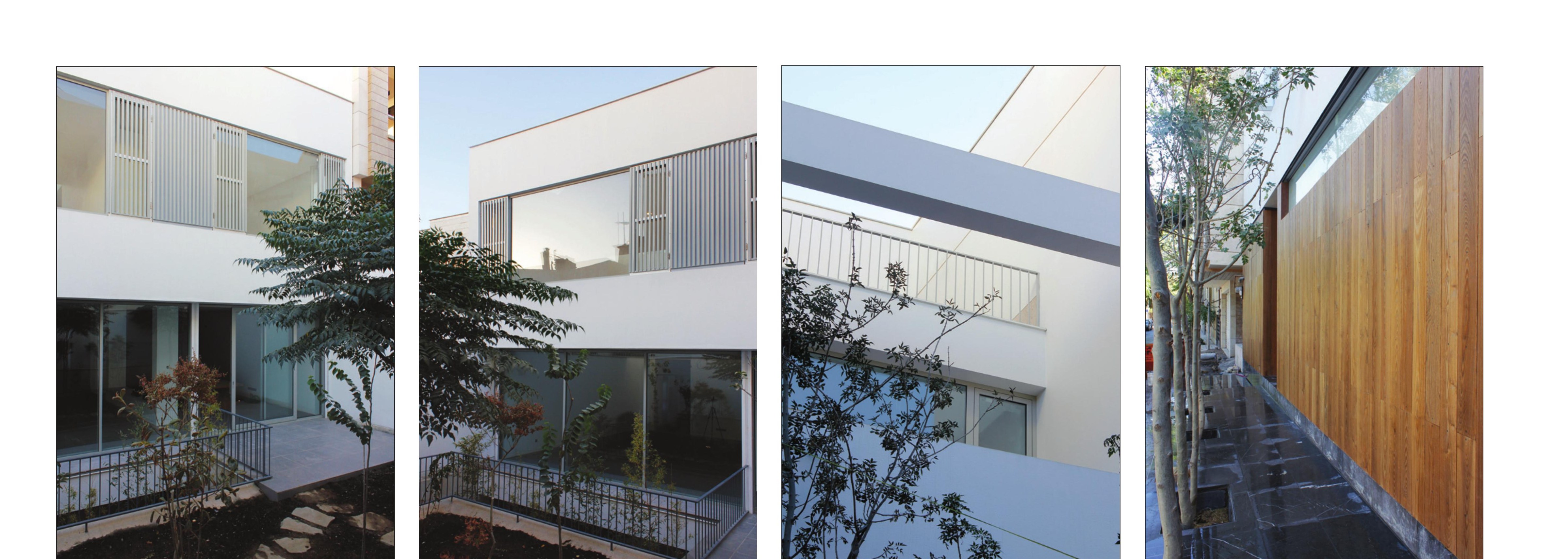 Strip of facade details: ash-wood lower band, white upper mass, and the northern private courtyard slot.