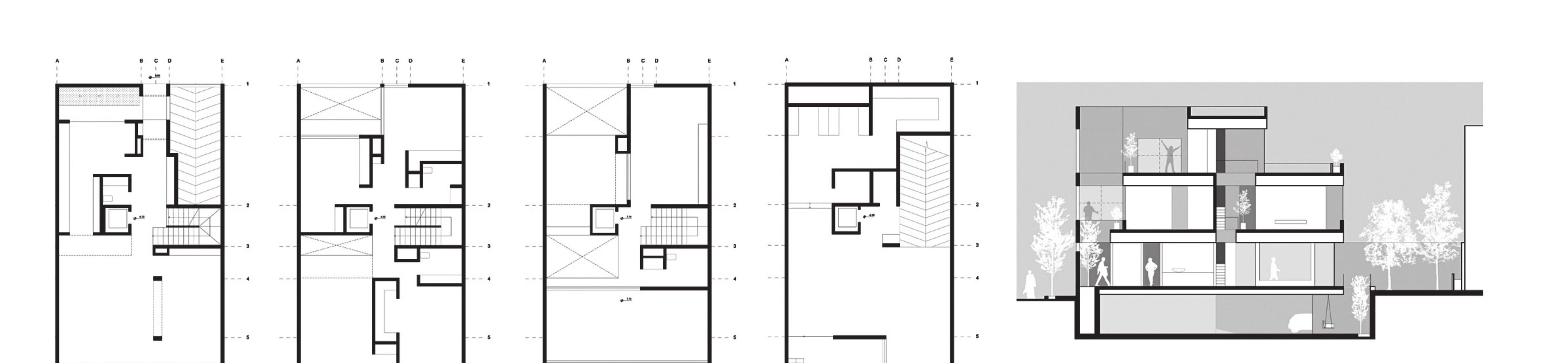 Ground floor, 1st floor, 2nd floor, basement plans and longitudinal section.