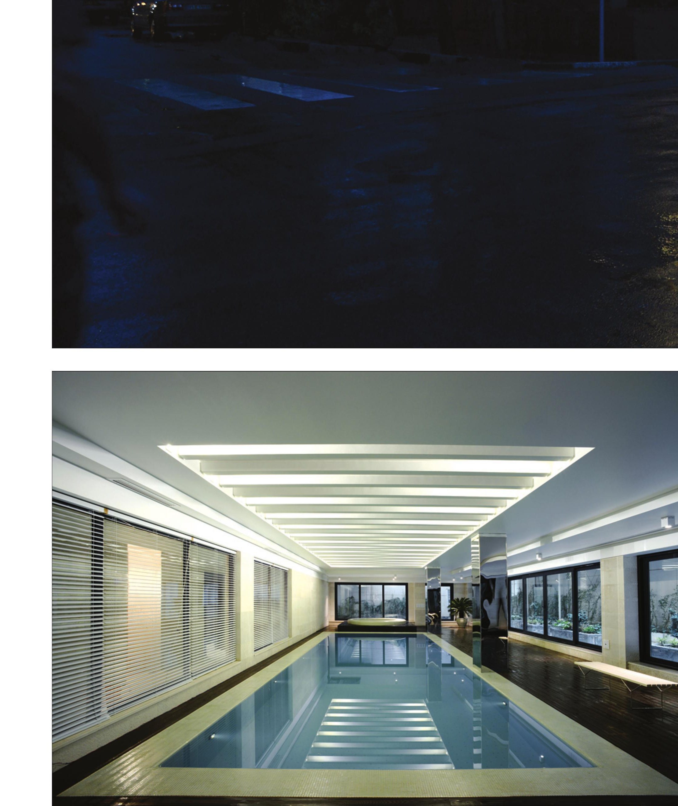 Basement pool with linear skylight.
