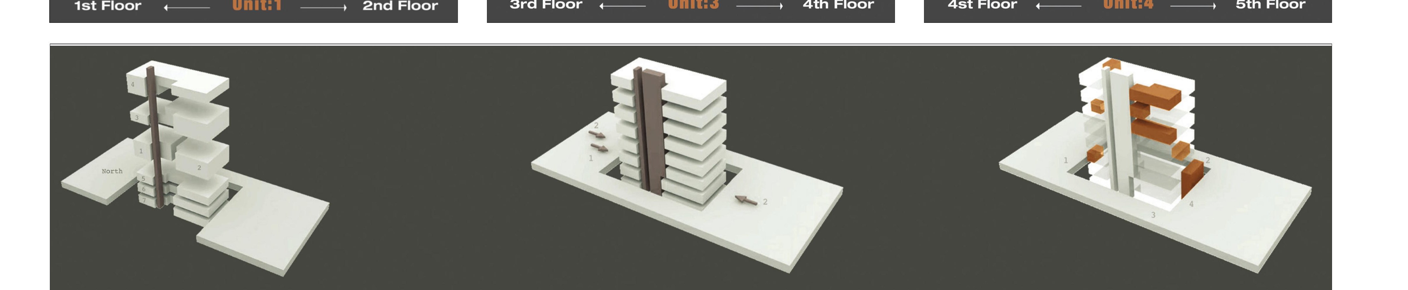 Diagrammatic axonometrics: stacked units, stair-and-elevator core, and green zones.