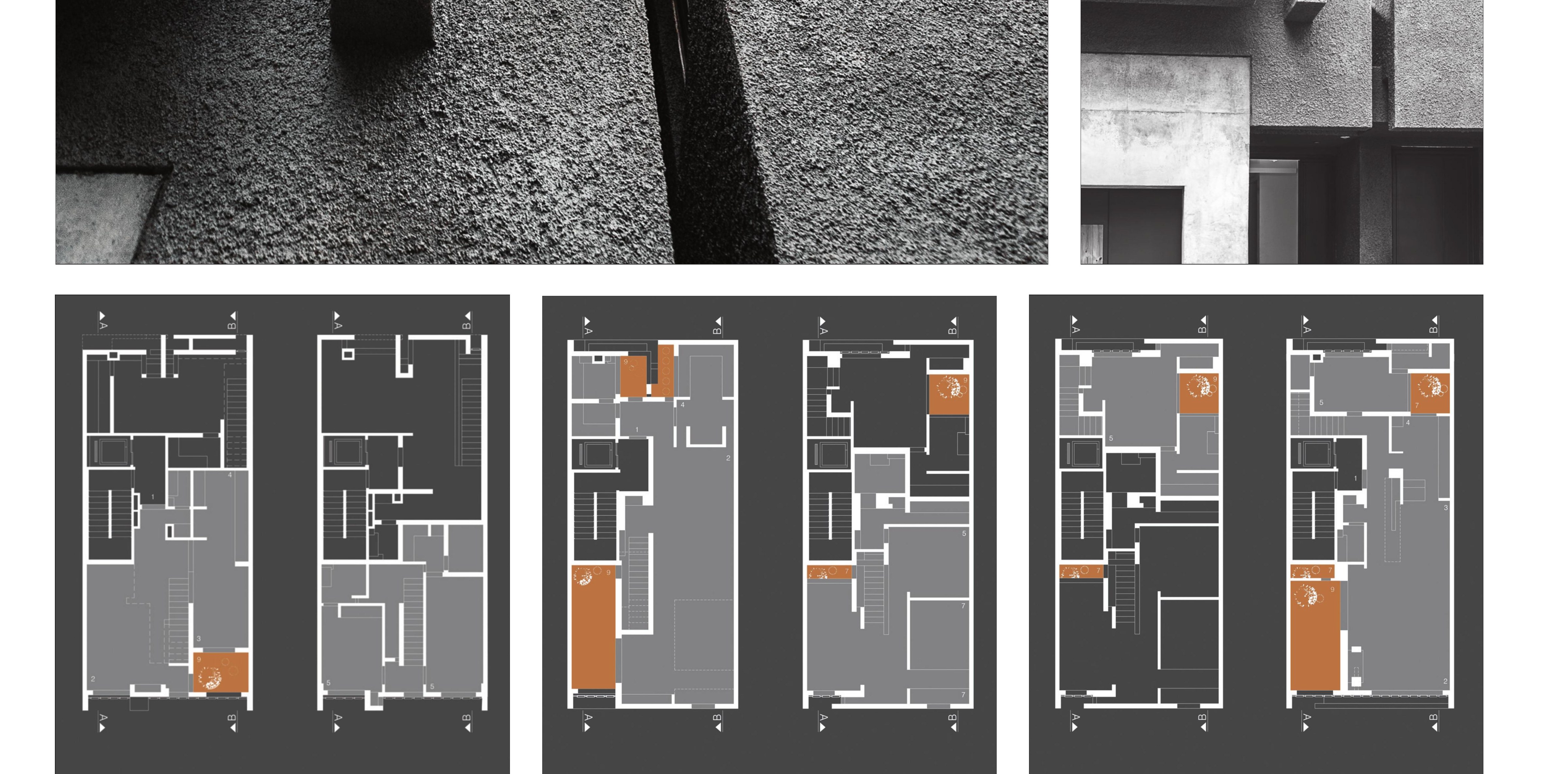 Plans of the four duplex units: two large duplexes occupy the top three floors with north/south light; two smaller duplexes on floors 1–2.