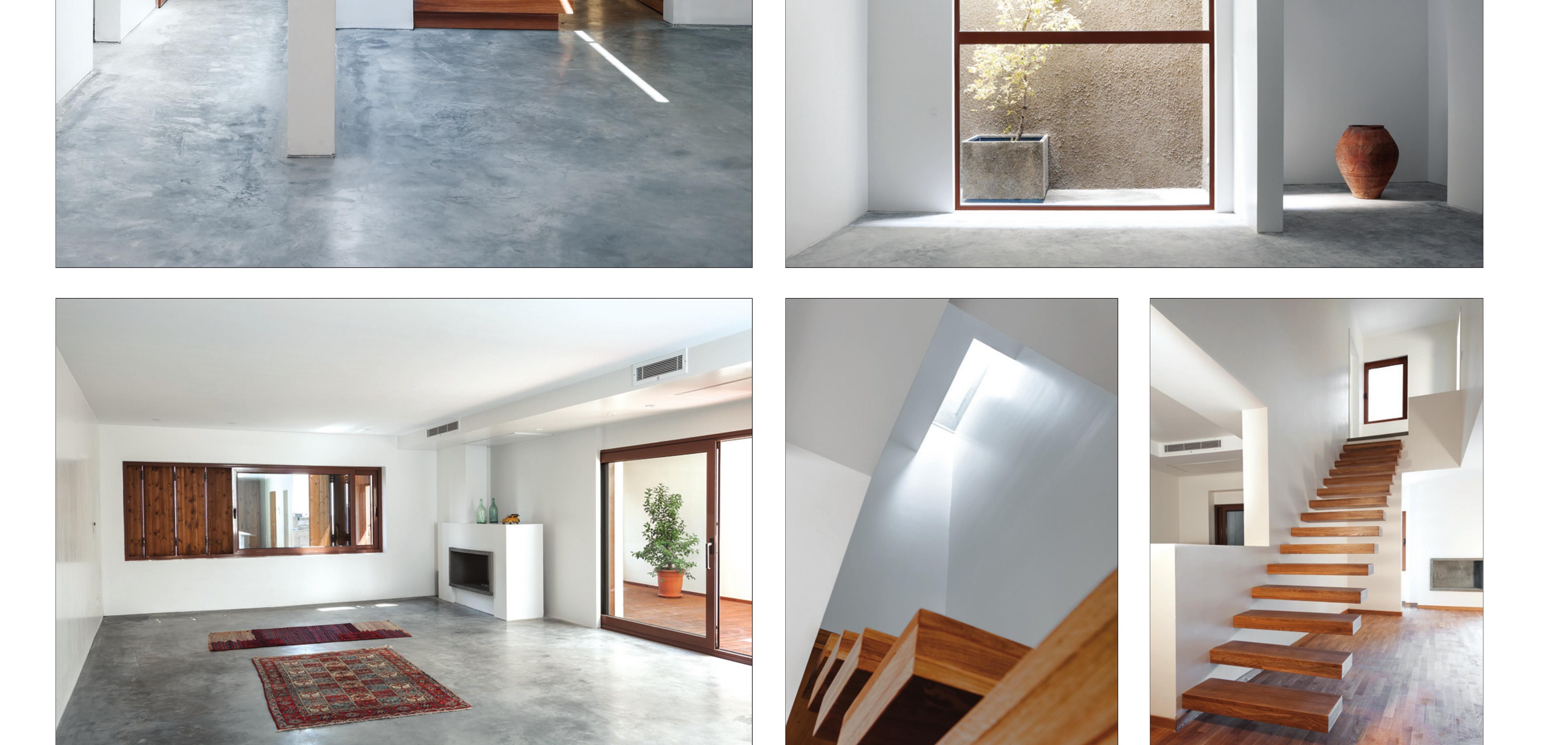 Living room sequence: fireplace, double-height void, and the floating-stair detail.