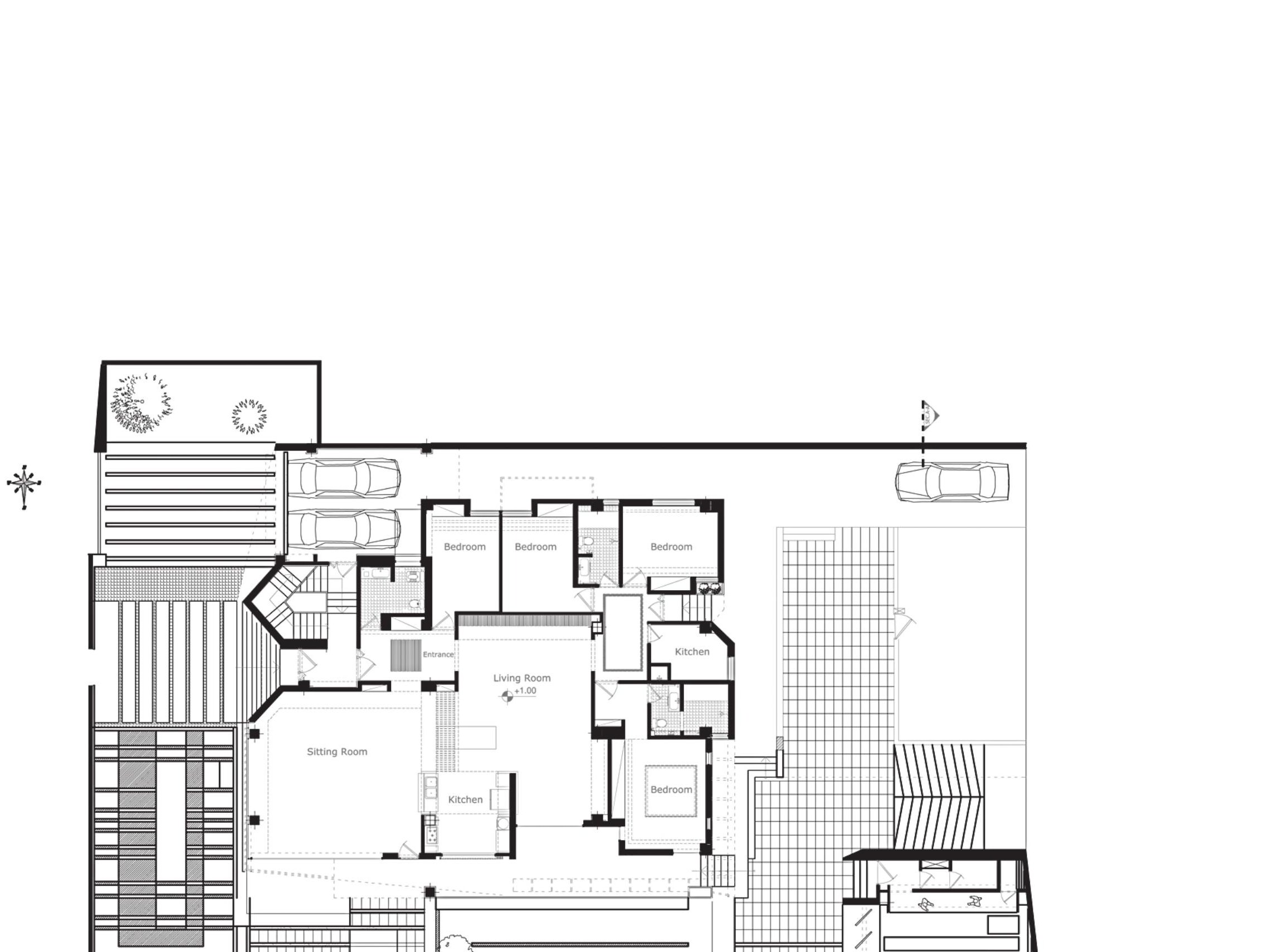Jey House — ground-floor plan: principal living spaces face the south garden.