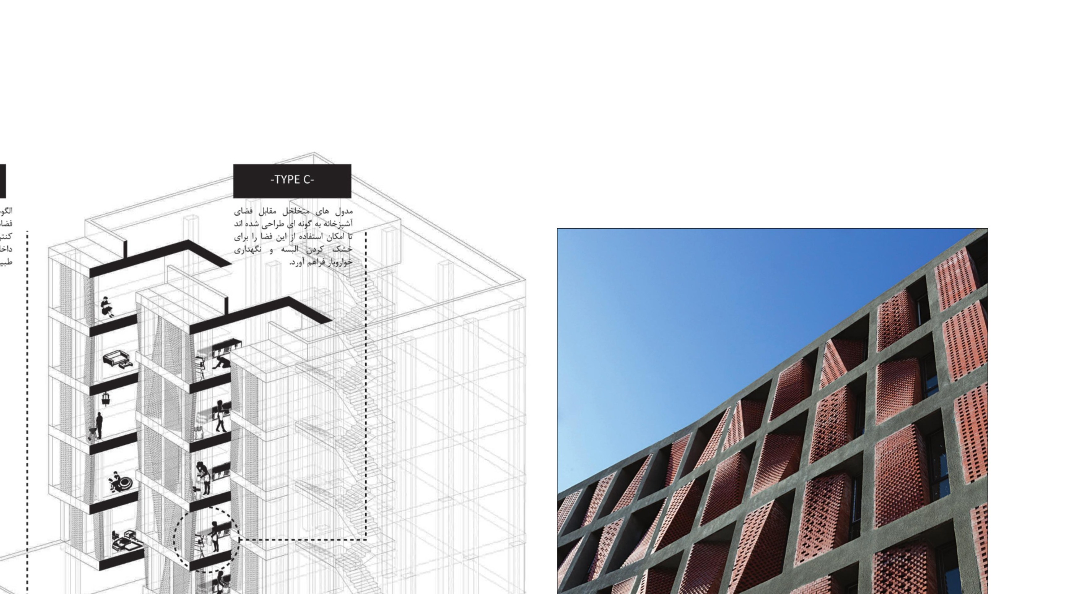 Kahrizak — close-up of the perforated brick screen on the upper floors.