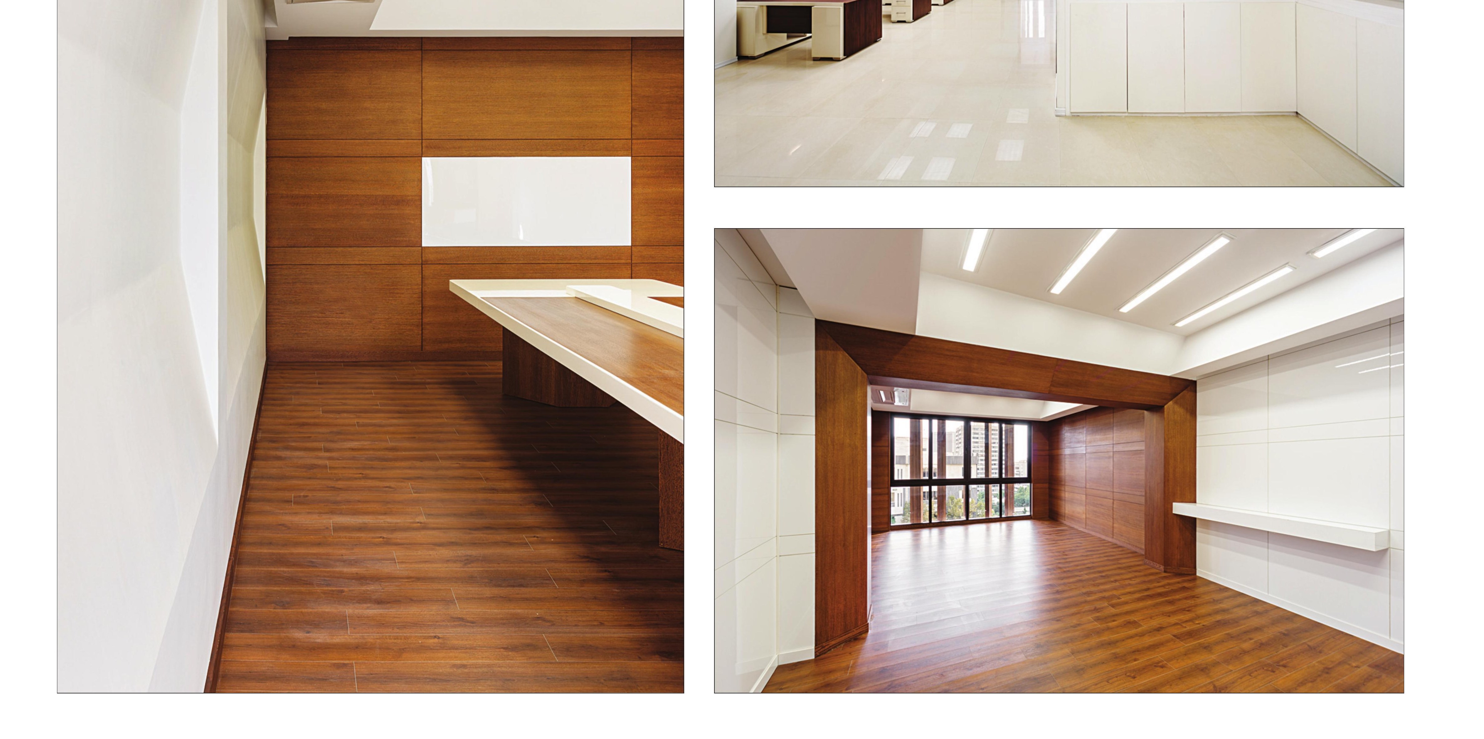 Wood-paneled boardroom and entry vestibule looking onto the louvers.