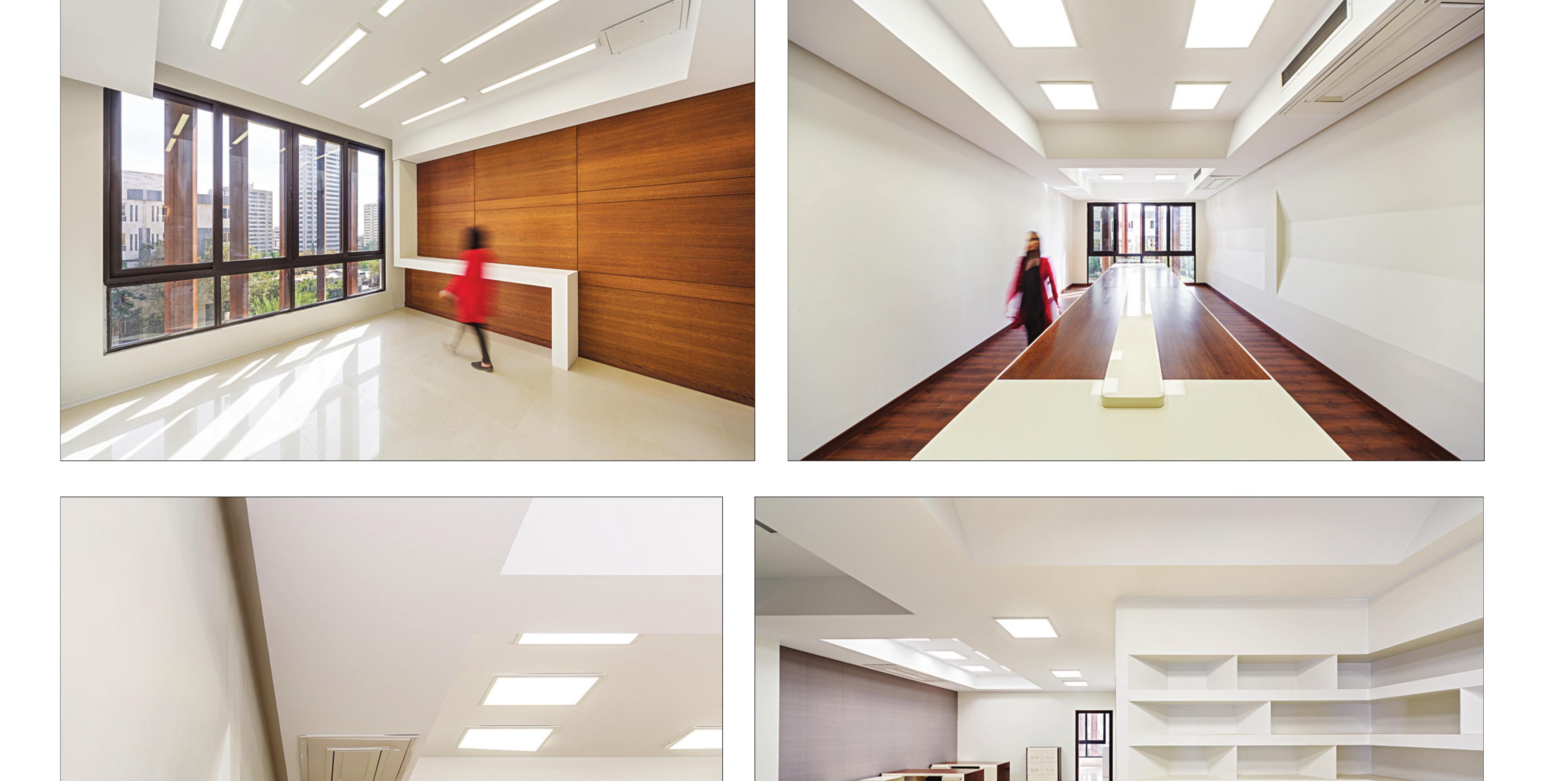 Interior offices: timber-paneled reception and naturally lit corridor.