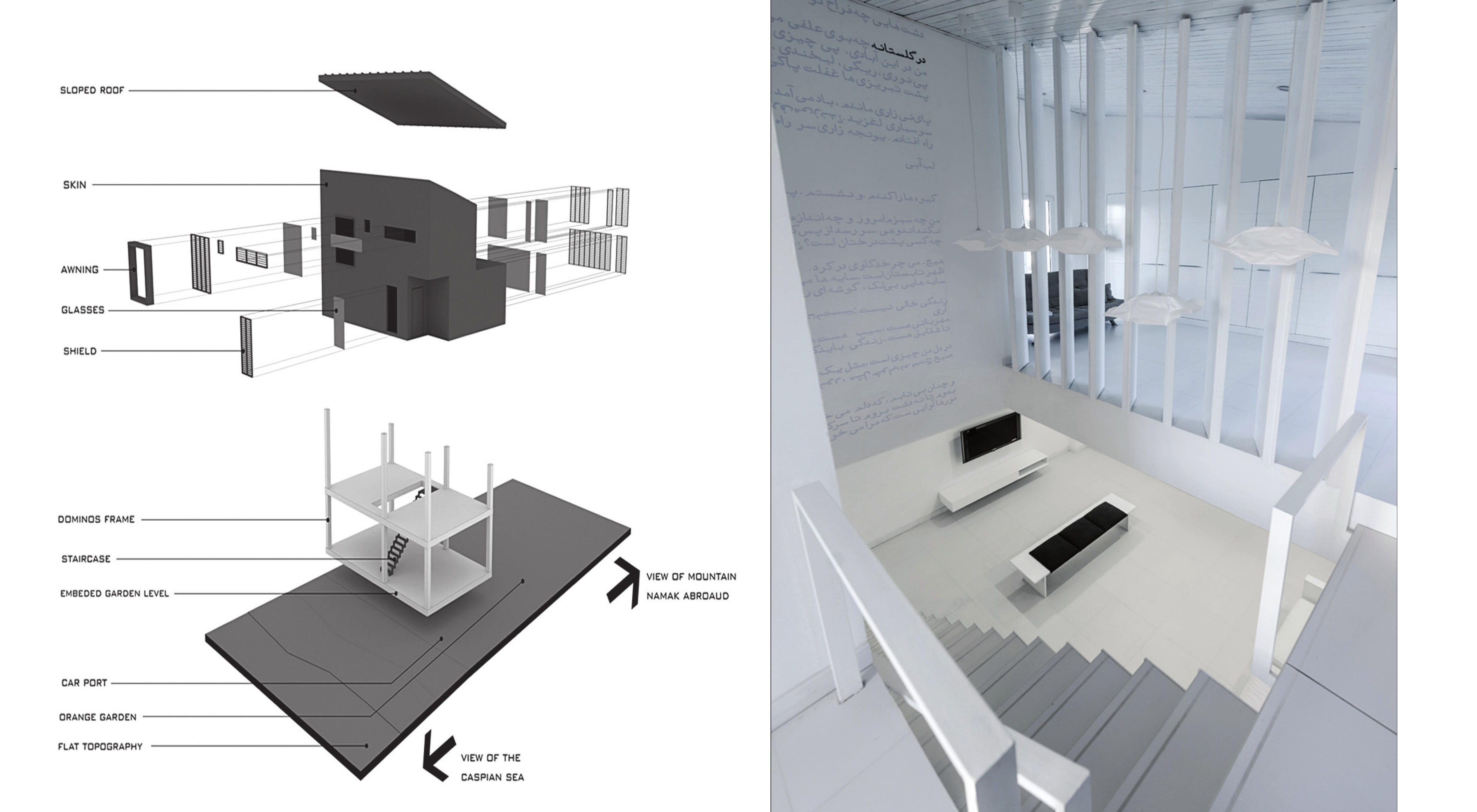 Exploded skin diagram (left) and the model showing the void carved through the white interior (right).