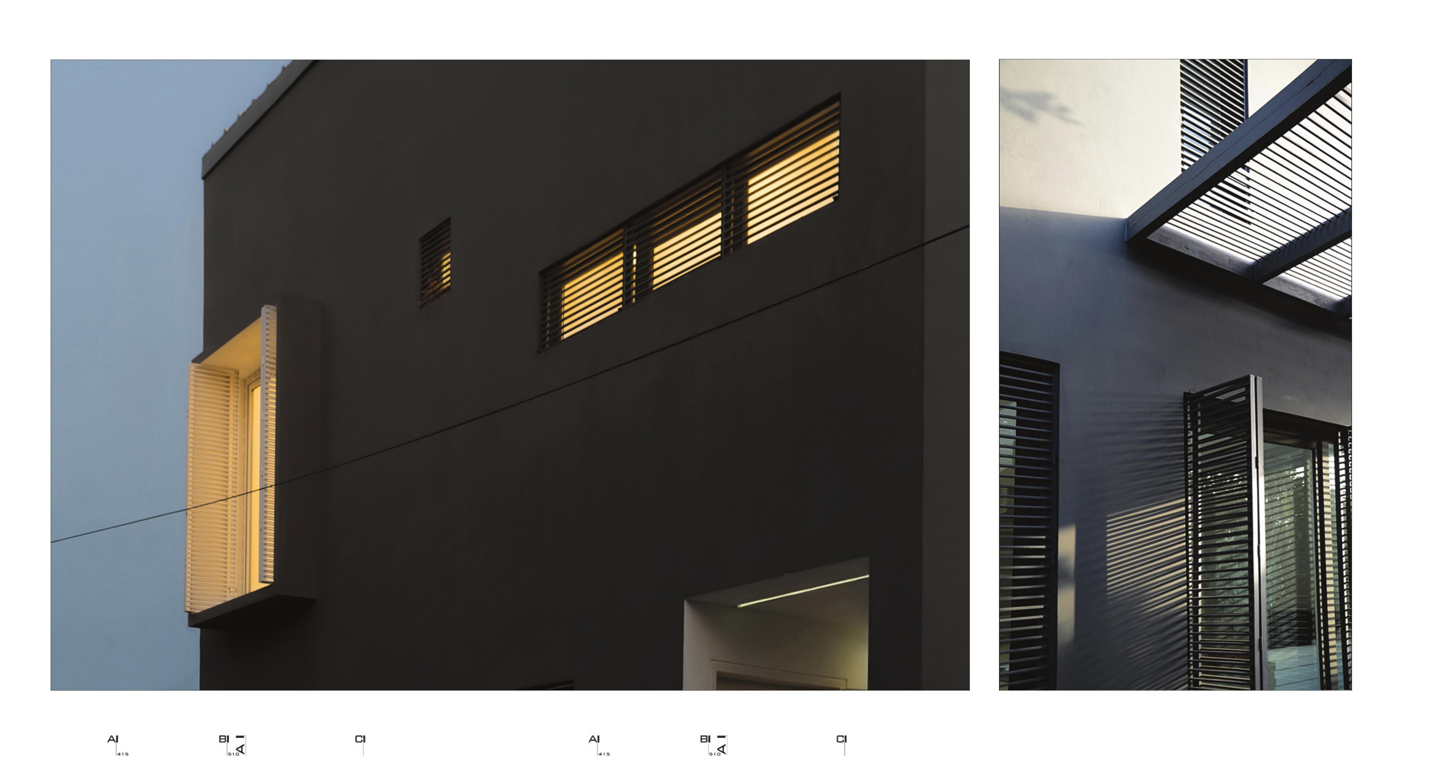Lattice-shuttered windows on the entry facade (left) and the timber pergola filtering Caspian light over the roof terrace (right).