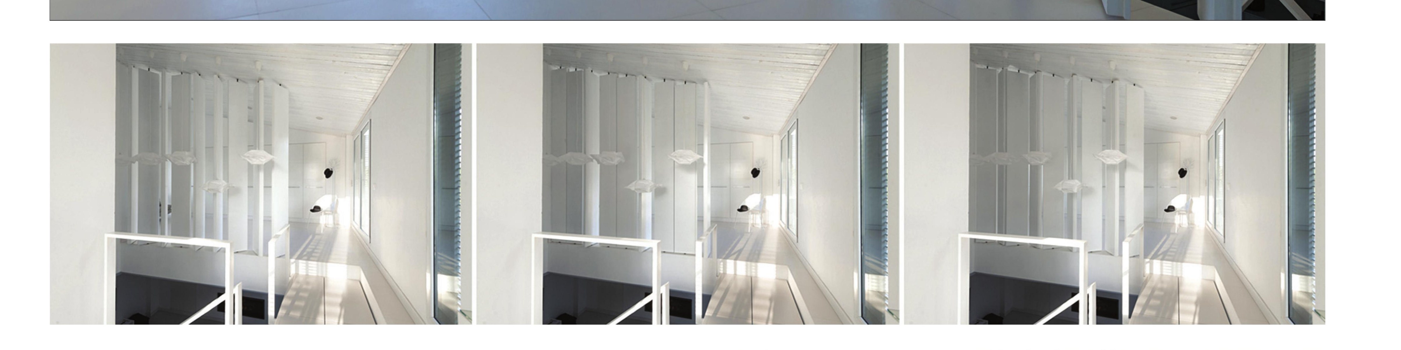 Three views of the upper-corridor screen — the floating slats define the limit between bedroom and double-height void.
