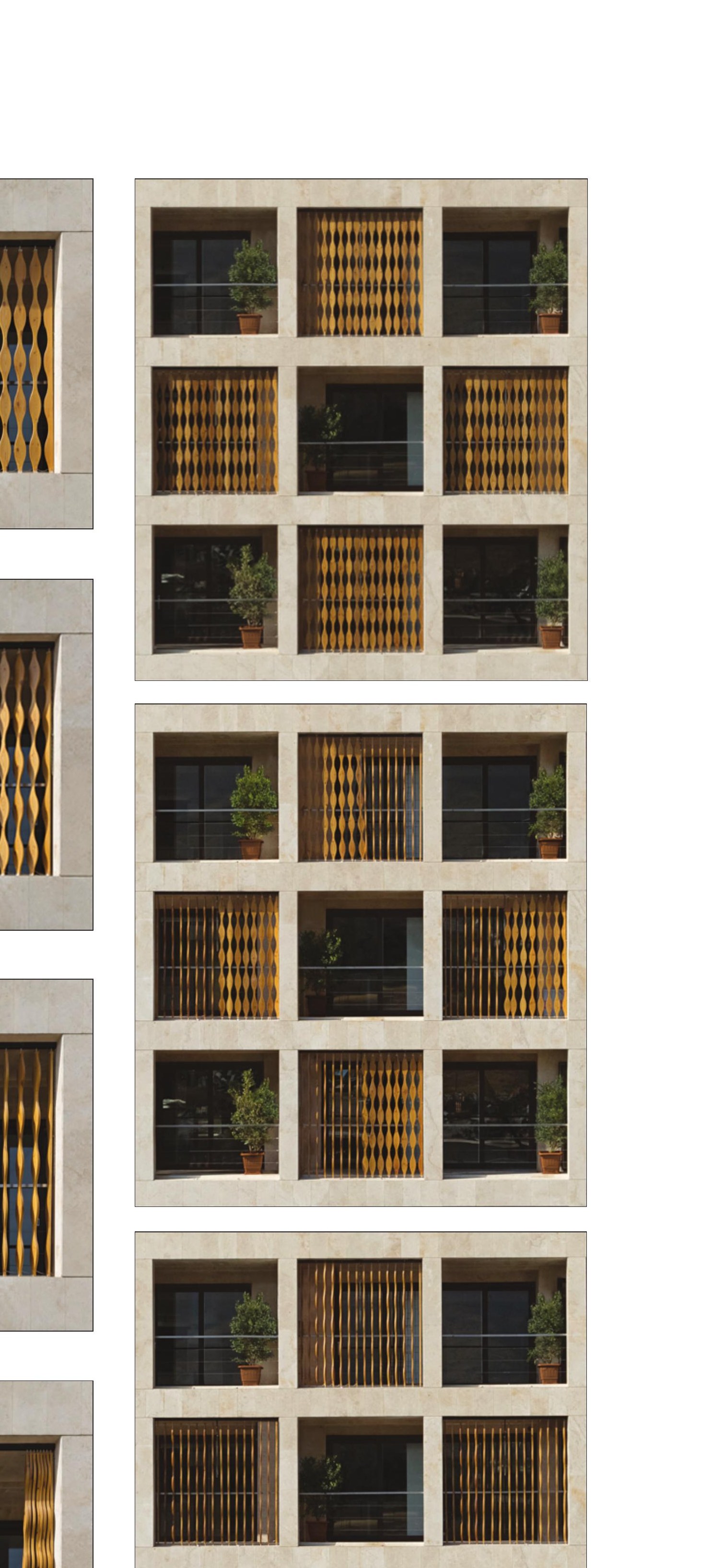 And with the shutters opened — each apartment's pattern its own.
