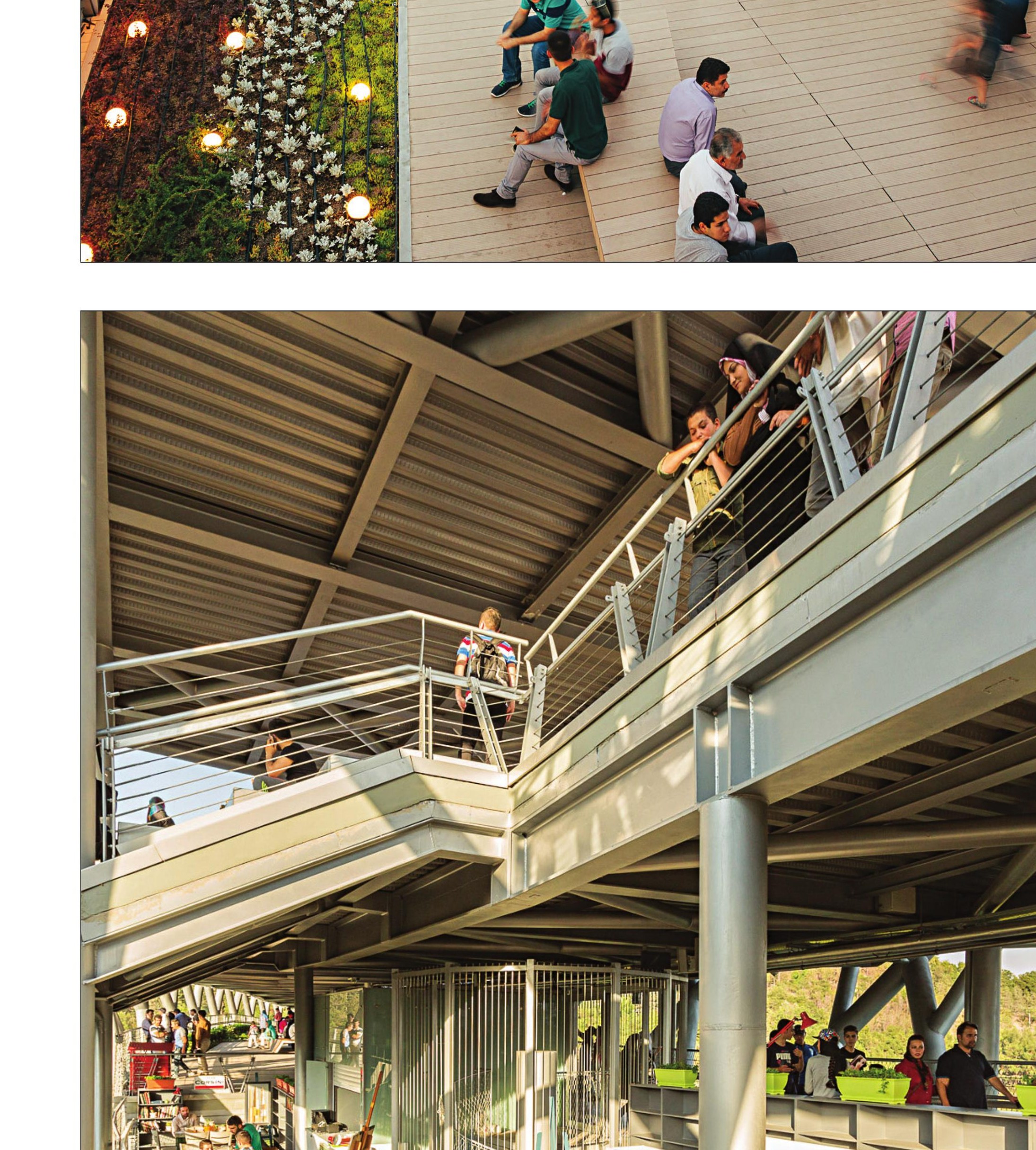Café and rest platforms folded into the bridge — both parks continuing across the deck.