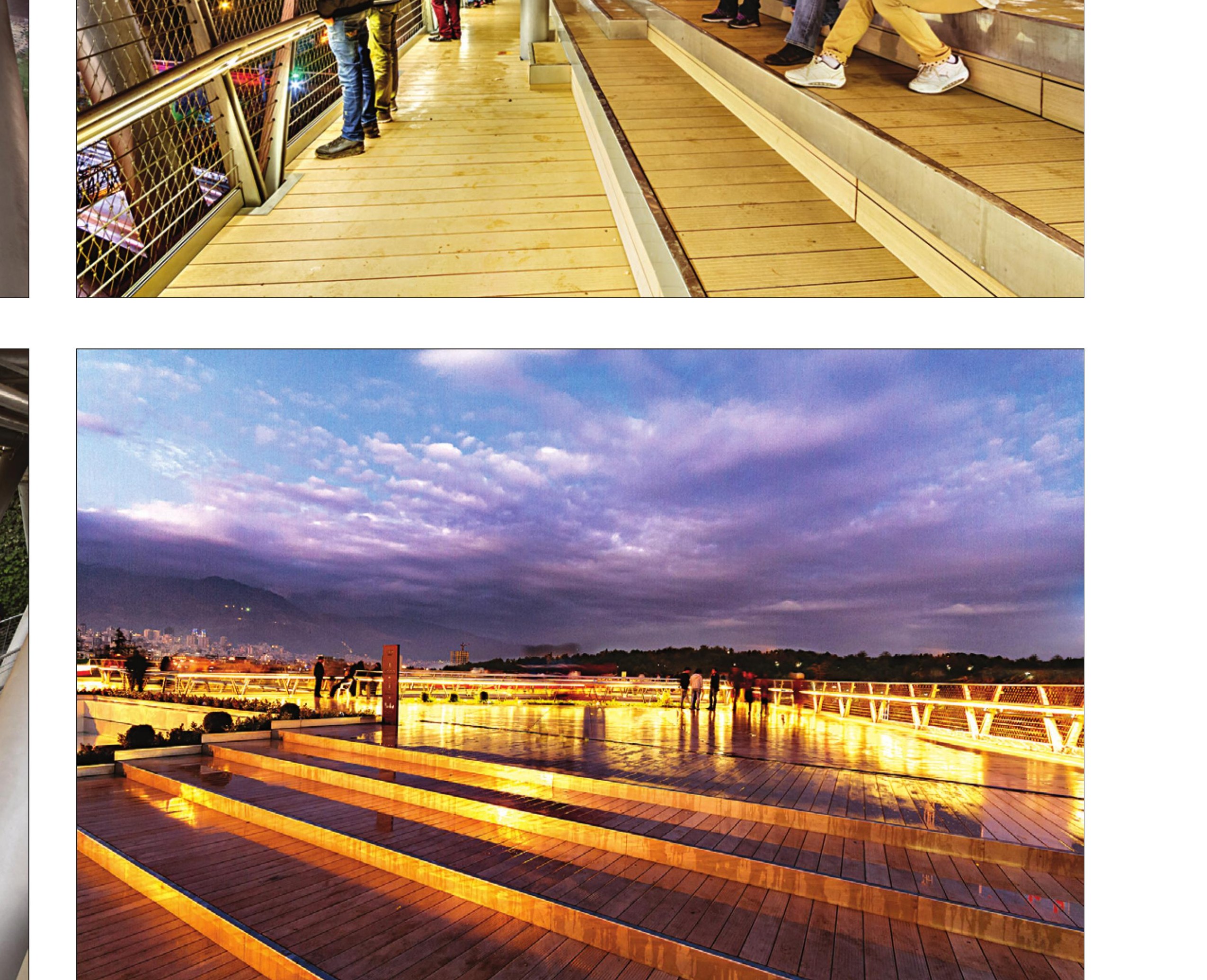 Dusk view: the wooden deck lit from the floor, framing the city skyline.