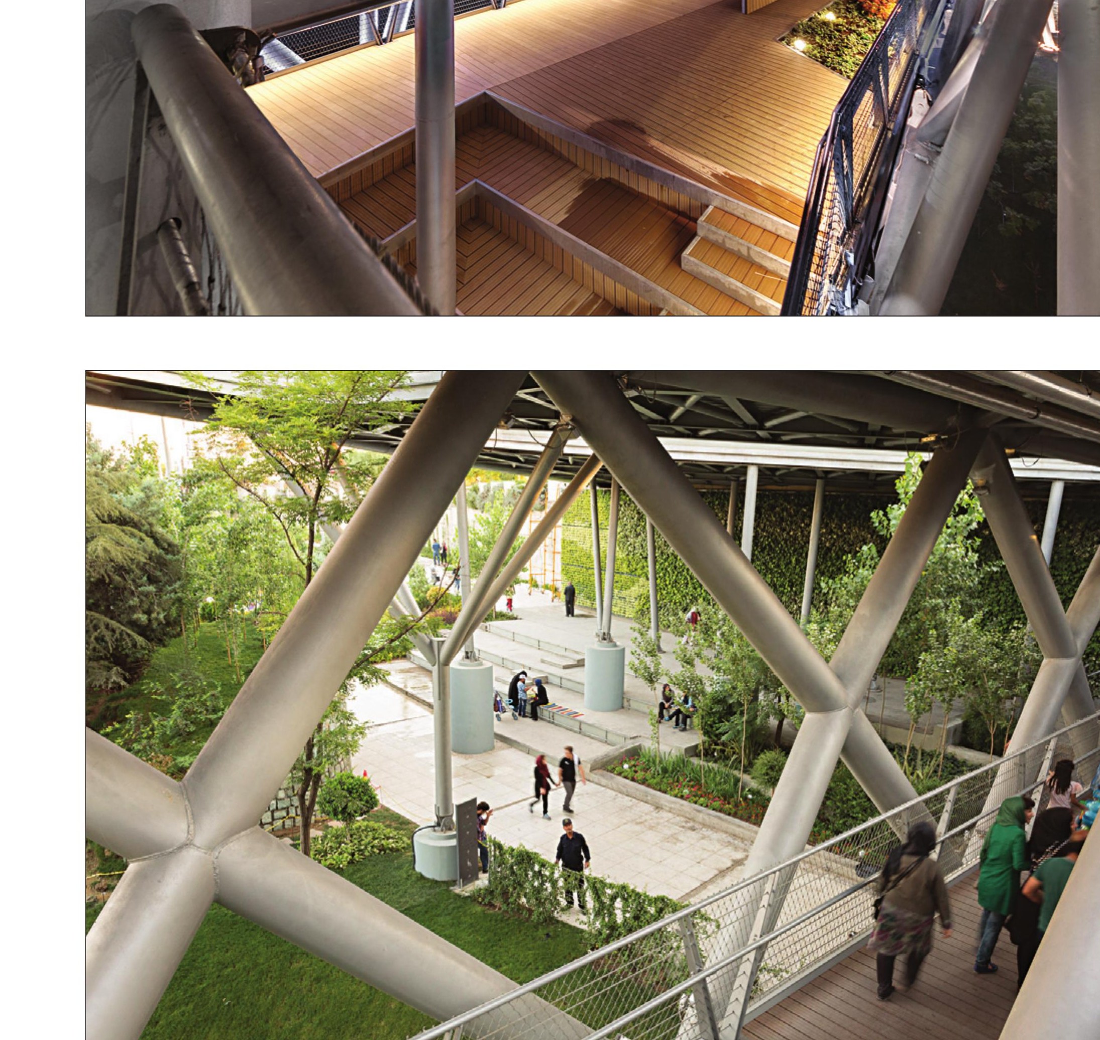 Garden under the bridge: tree-like columns rooted in green space rather than felled trees.