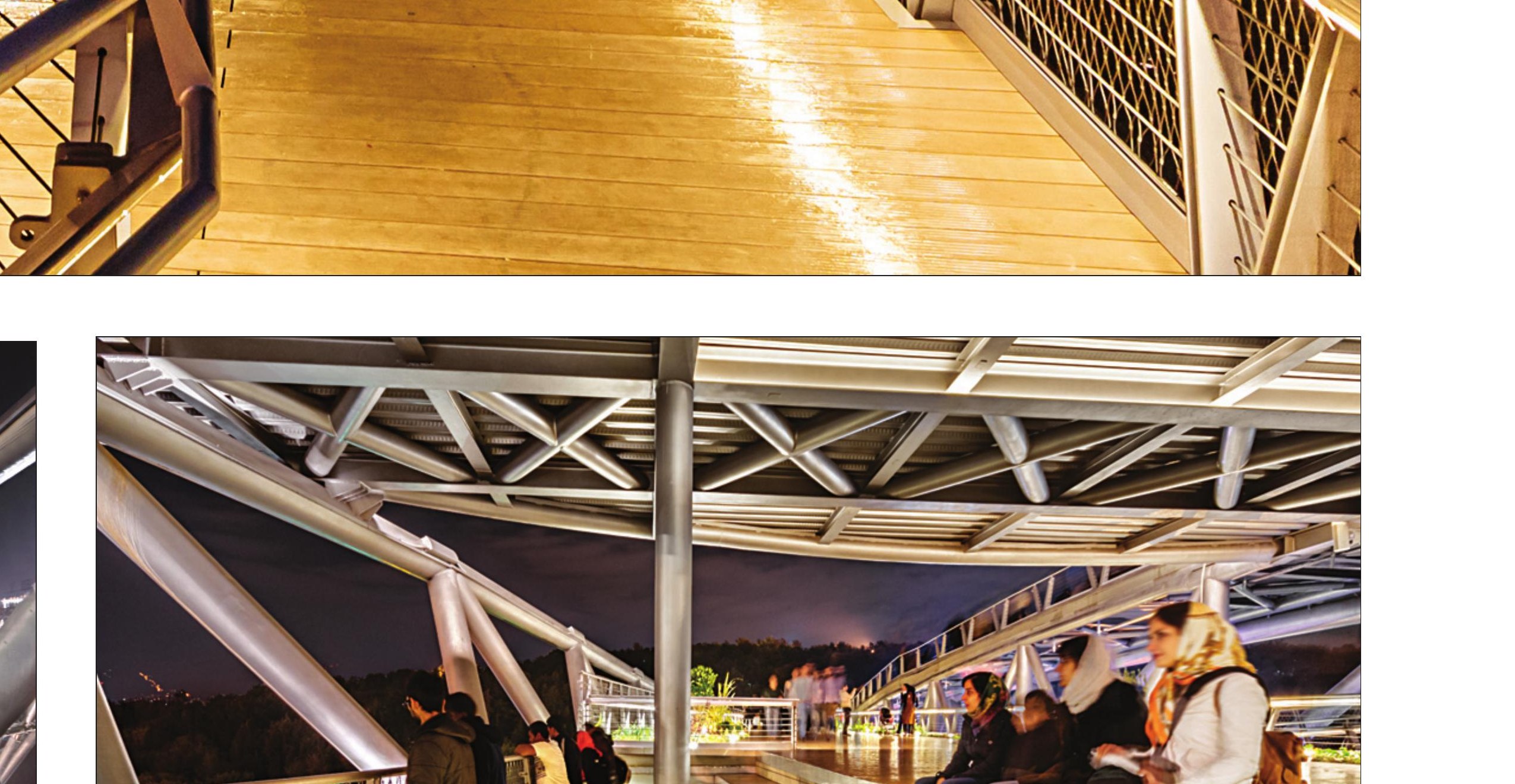 People seated on the middle level — the bridge as urban gathering space.