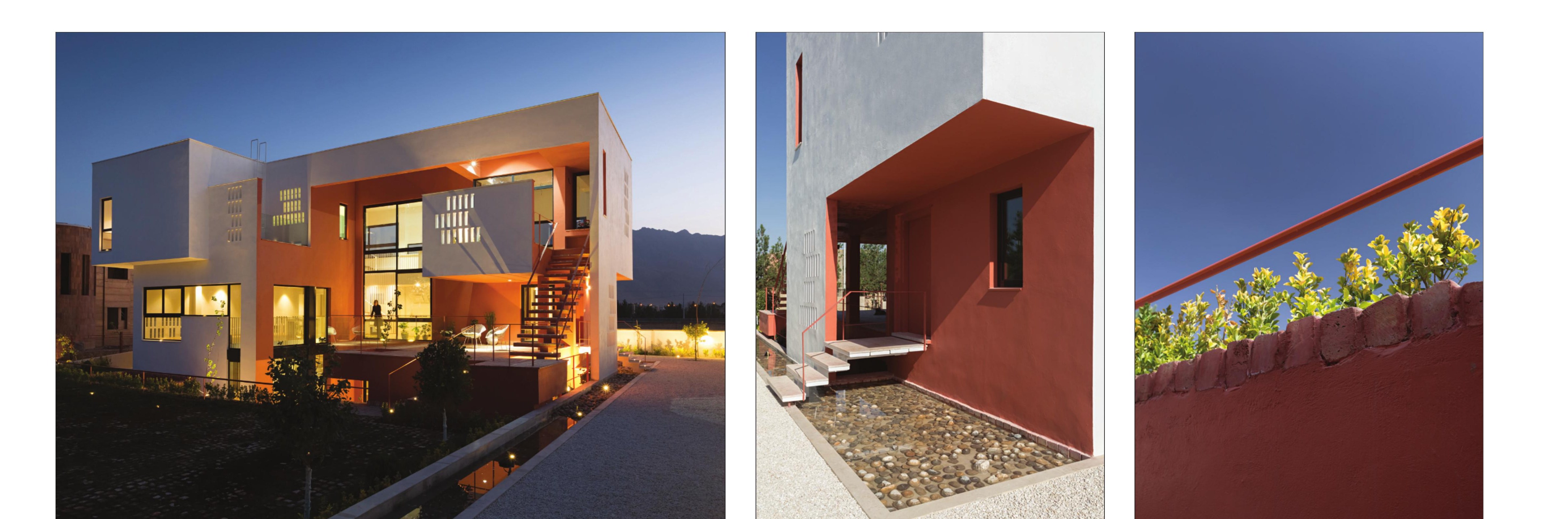 Three exterior moments: the lit volume at night, the entry hall, and the pomegranate-planted parapet.