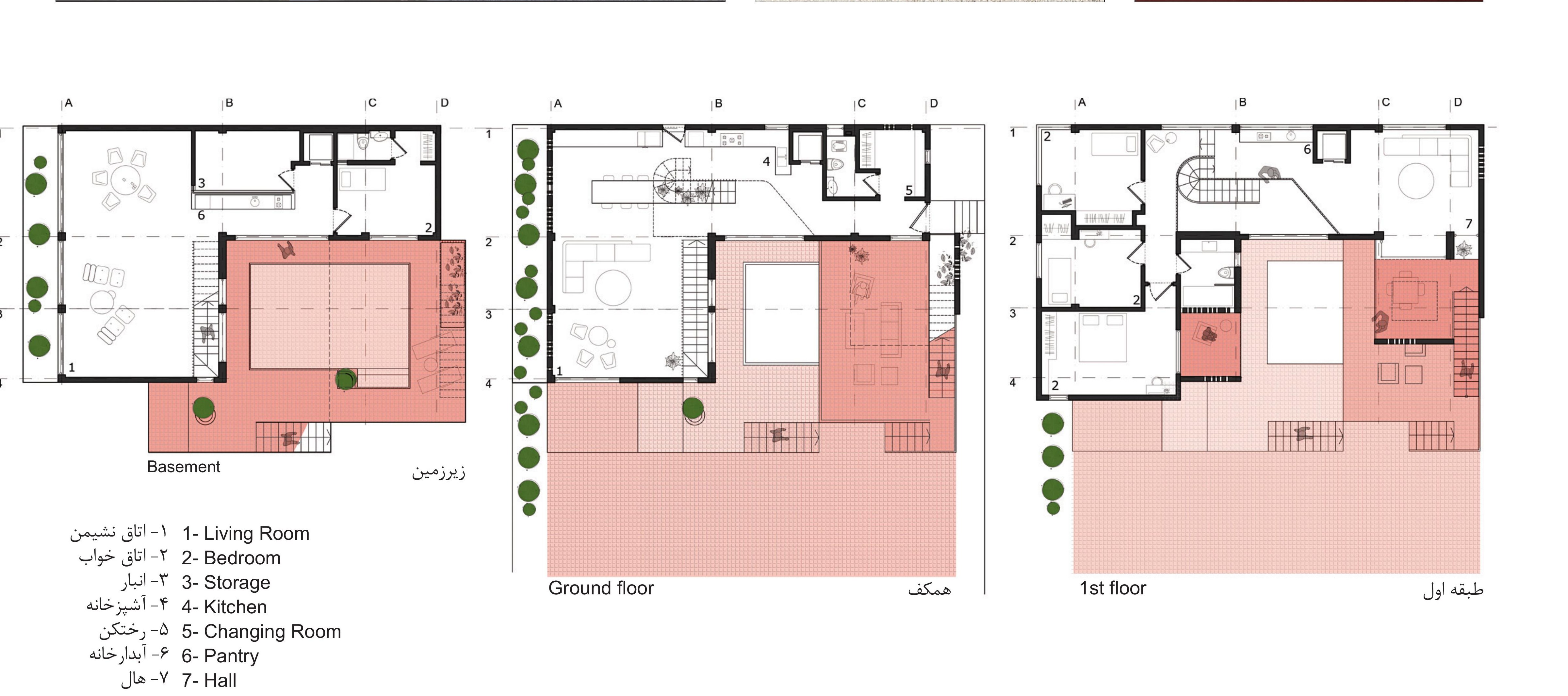 Basement, ground and first floor plans, with the central court that gathers the household.
