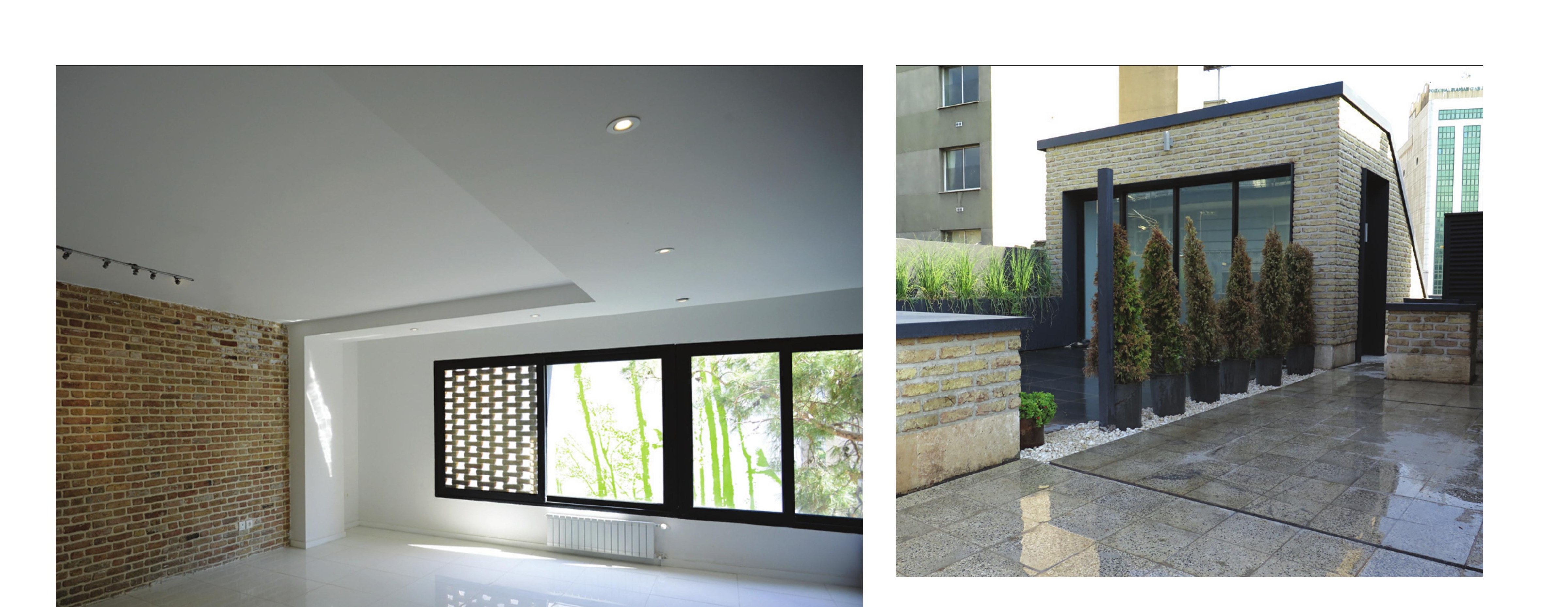 Living room with the perforated brick screen, and the entry court from outside.