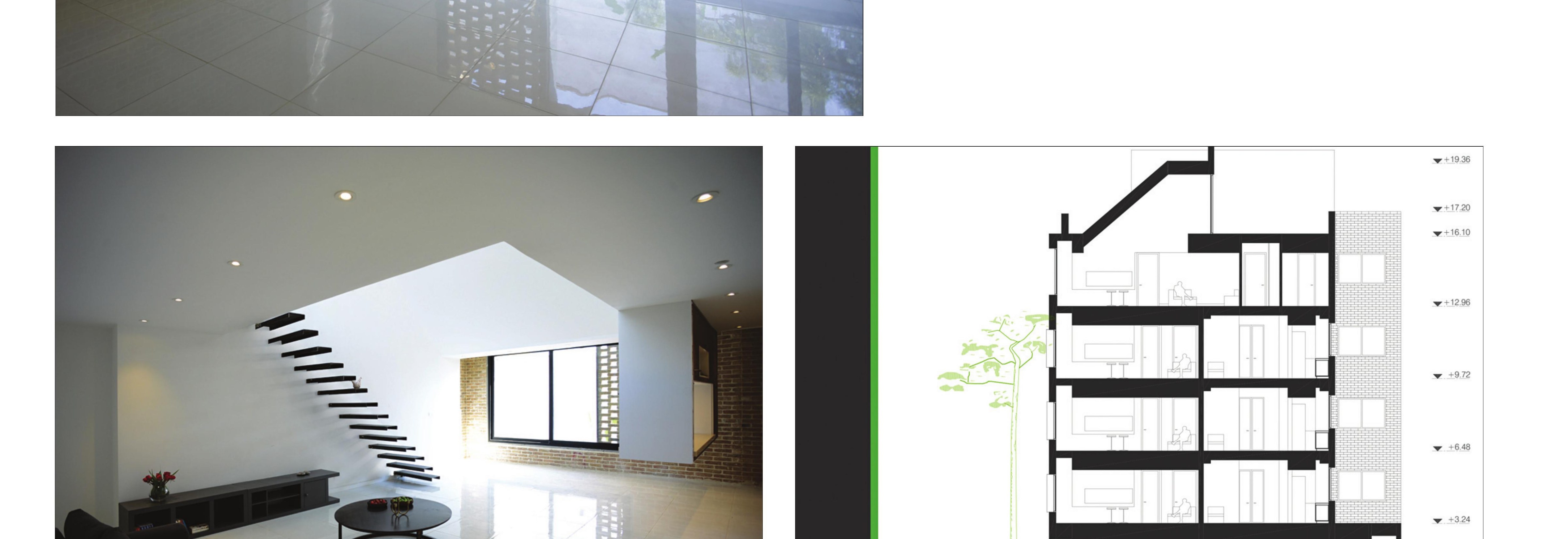 Living room with the cantilevered stair, and the longitudinal section showing the painted wall.