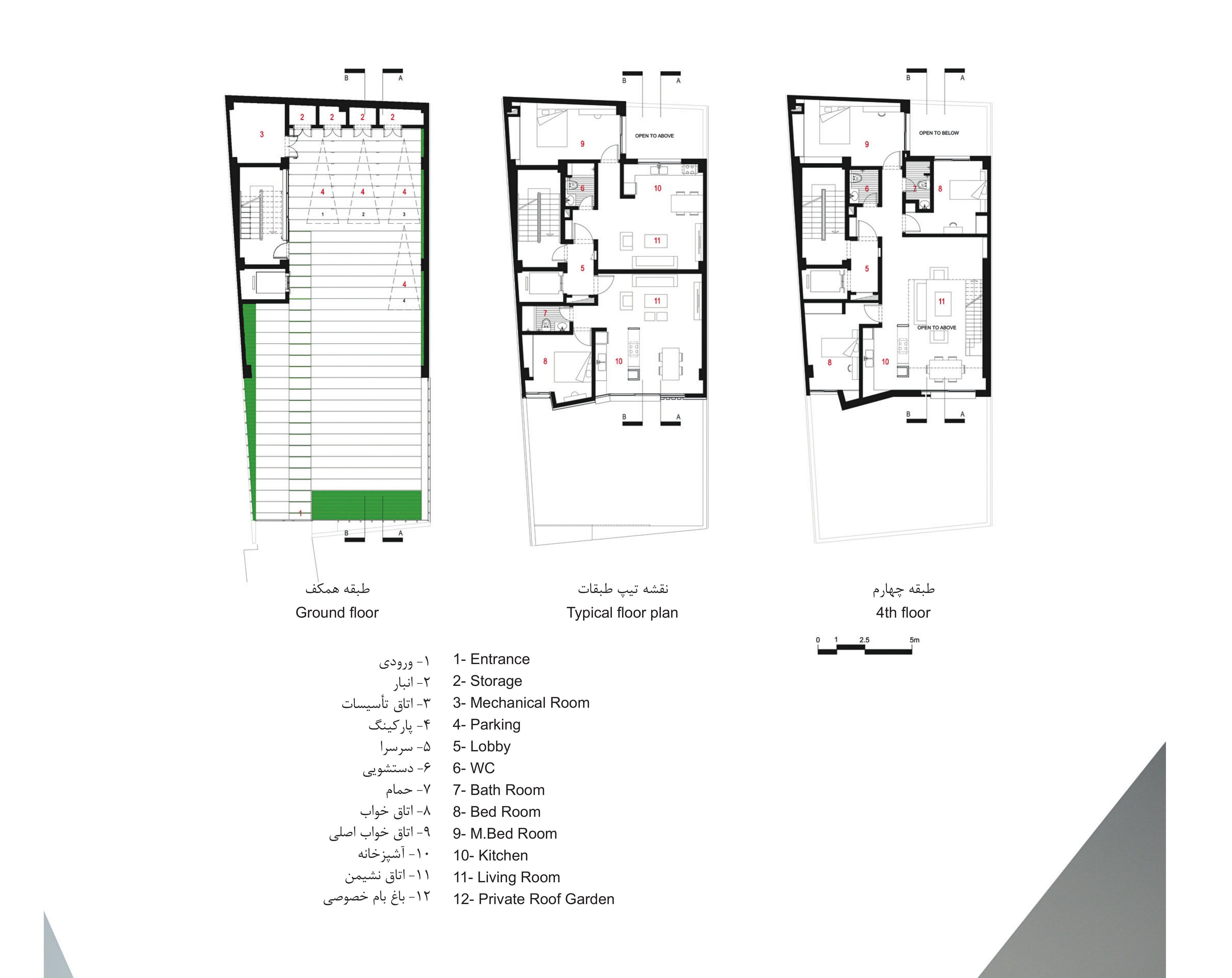Ground floor, typical floor and 4th floor plans, with the apartment programme key.