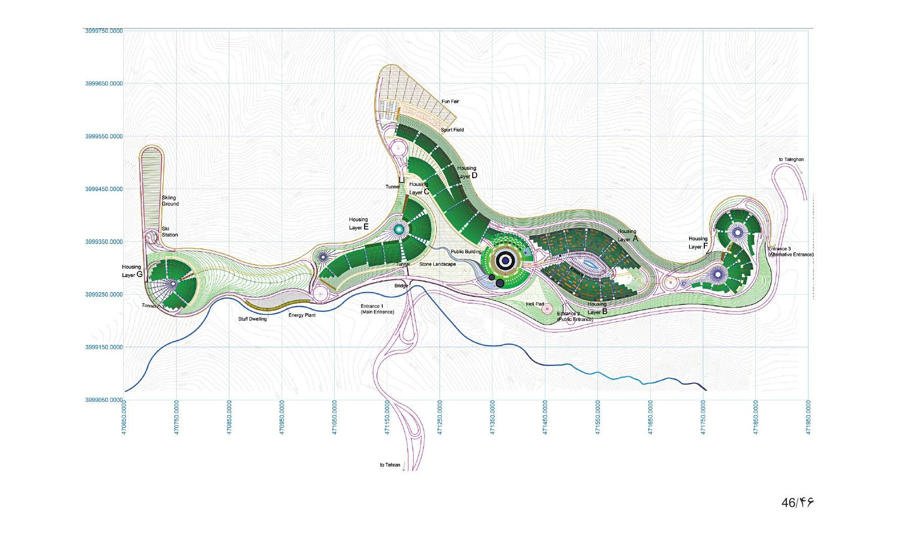 Master plan of Taleghan Town of Tourism showing seven housing layers (A–G), public centre, and circulation