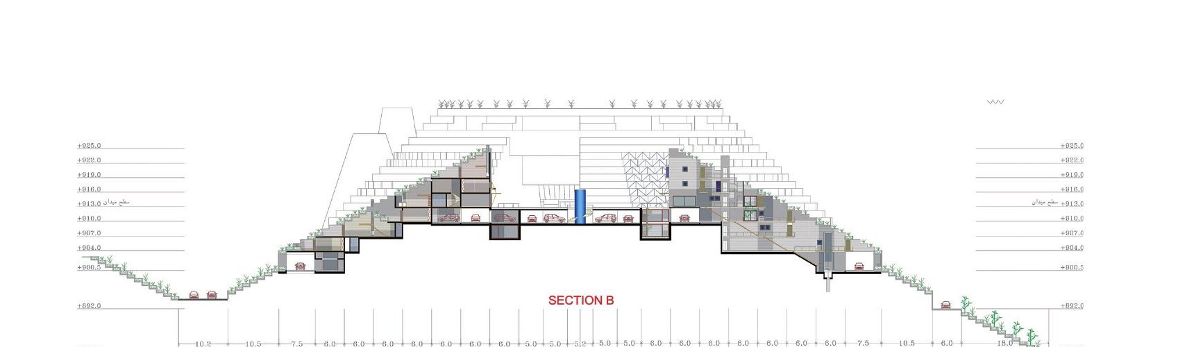 Cross-section B showing residential units placed beneath the terrace platforms