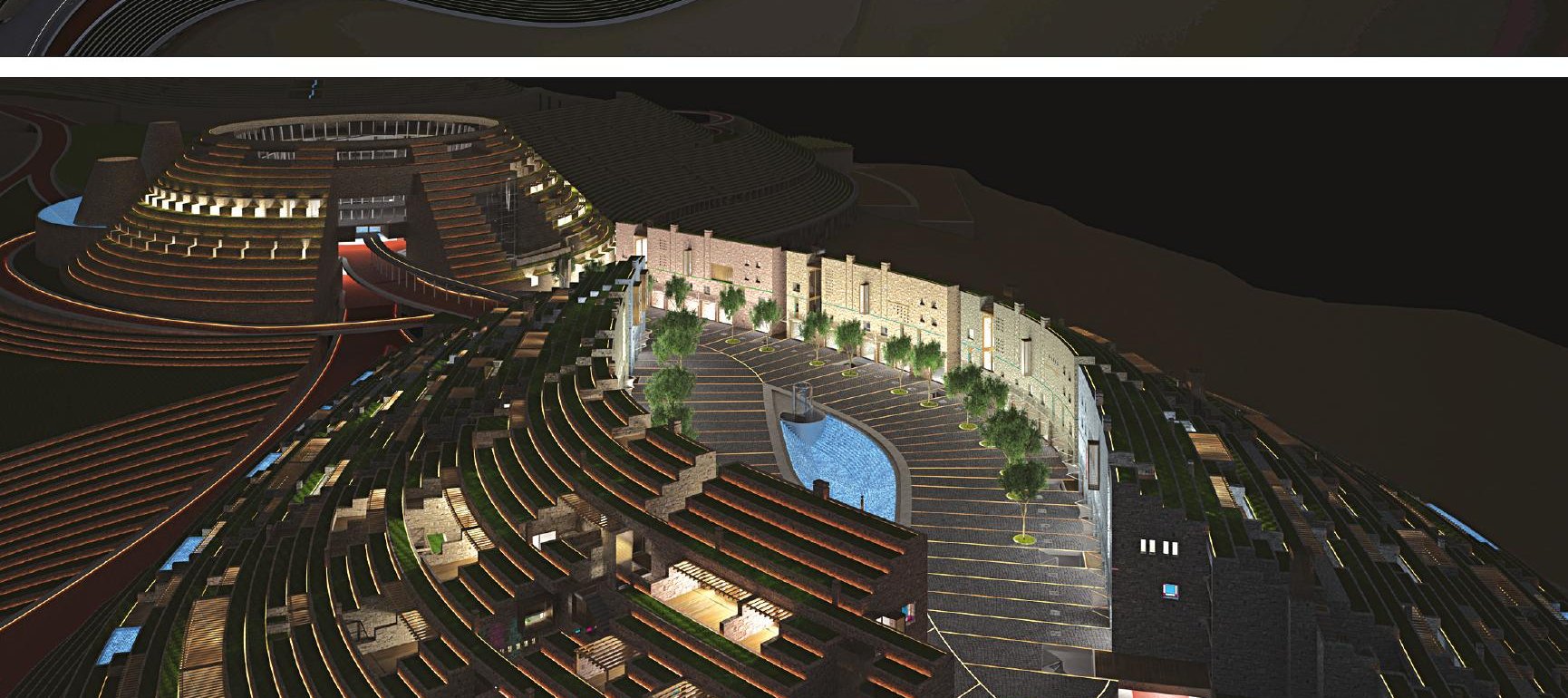 Night oblique view of the central amphitheatre and stepped housing