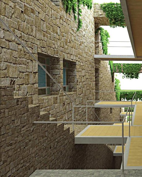 Stone alleyway between housing units with planted overhang