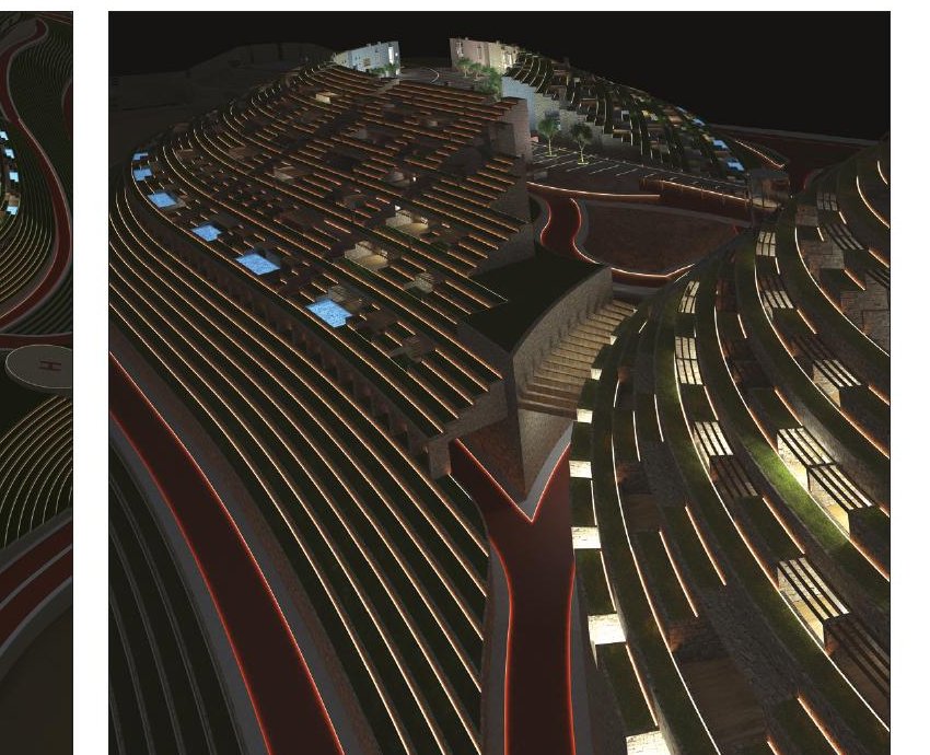 Aerial night view of the ribbon-like terraces of one housing layer