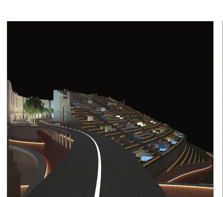 Curved access road at night with the lit terraces of the town beyond