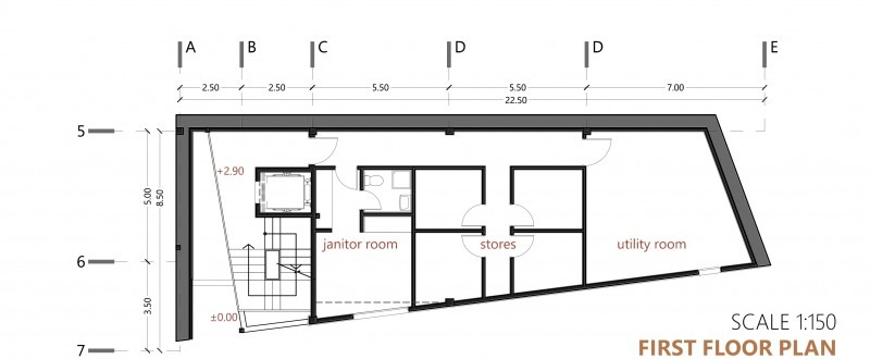 First floor plan of An Intimate Apartment, Lavasan, showing the janitor room, stores and utility room around the lift and stair core