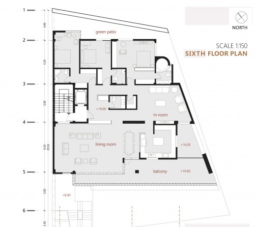 Sixth floor plan with green patio, living room, dining room, TV room and balcony