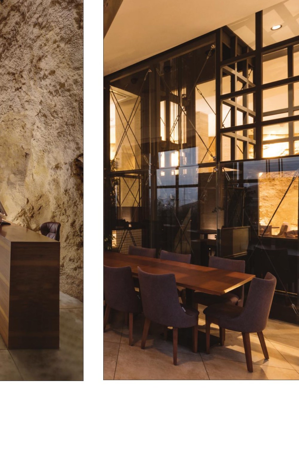 Glass dining hall against the cliff
