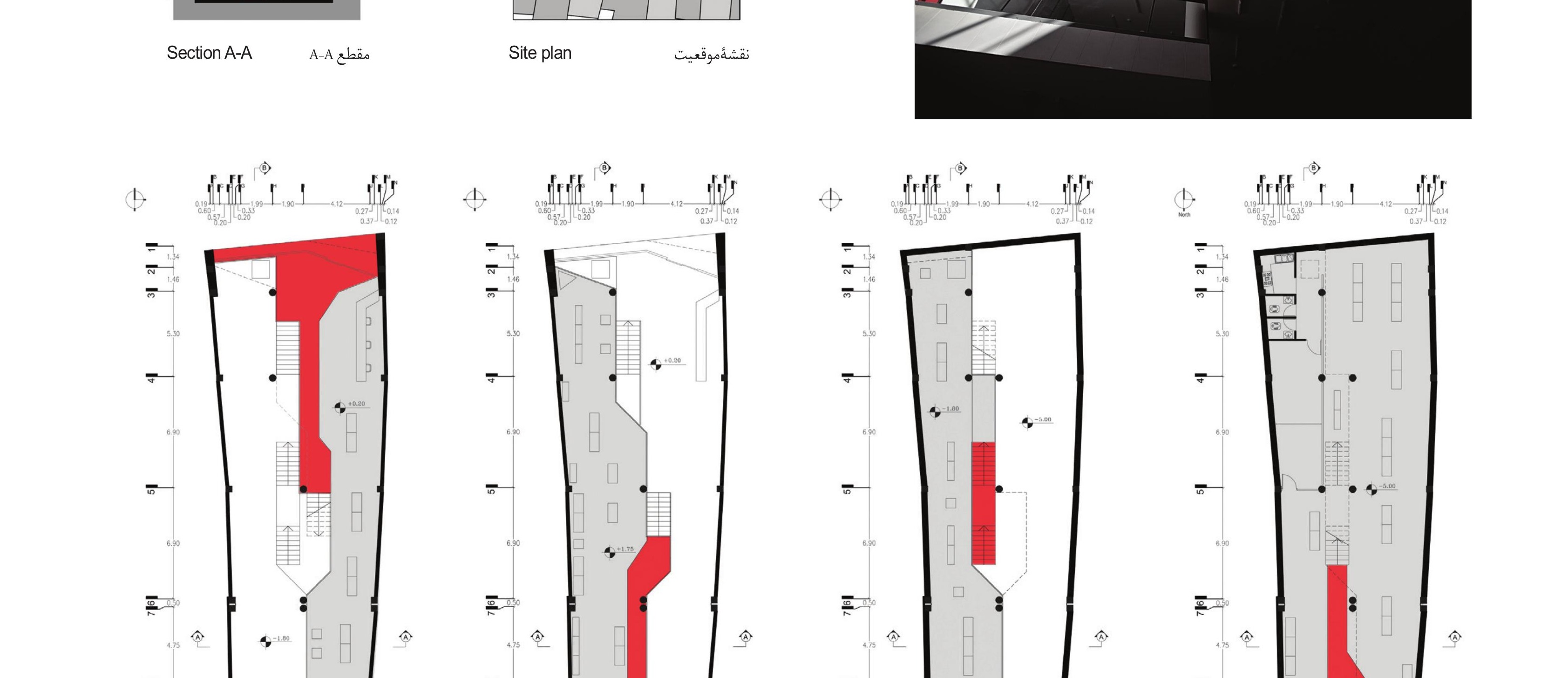 Four plan diagrams showing the site cut and four half-floors with stair circulation