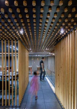 Interior with trees and warm lighting