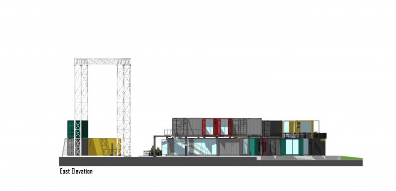 Cube Club night view — the lit container modules against the Tehran night skyline