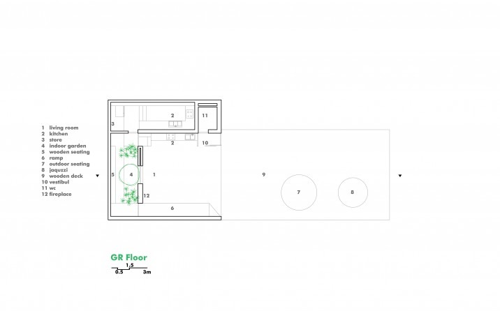 Ground floor plan showing the living room, kitchen, indoor garden, ramp, wooden seating, jacuzzi and wooden deck