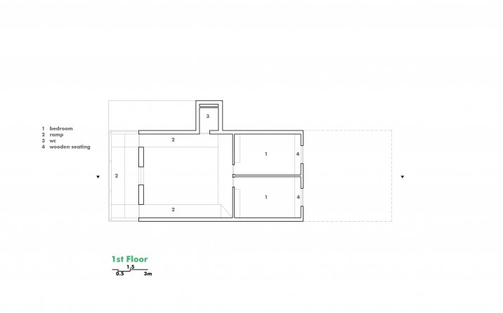 First floor plan showing bedrooms, ramp, wc and wooden seating