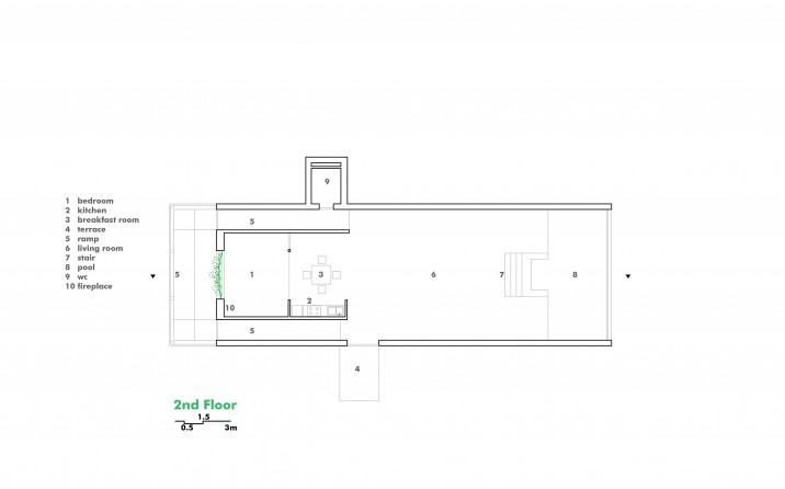 Second floor plan showing bedroom, kitchen, breakfast room, terrace, ramp, living room, stair, pool, wc and fireplace