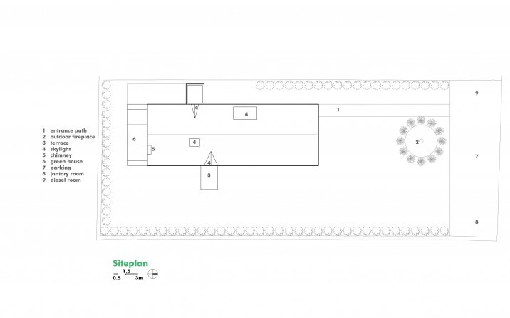 Site plan showing entrance path, outdoor fireplace, terrace, skylight, chimney, greenhouse, parking and service rooms set within the elongated north-south site