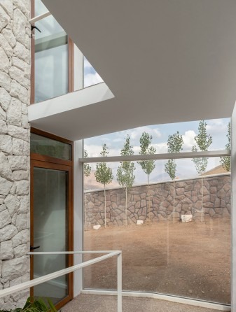 Greenhouse corner with the stone wall, glass envelope and row of poplar saplings