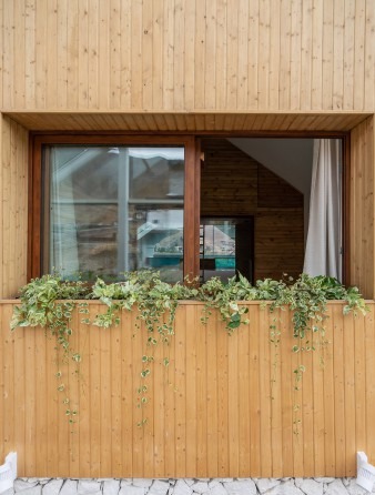 Wood-clad balcony exterior with window and planter box of trailing greenery