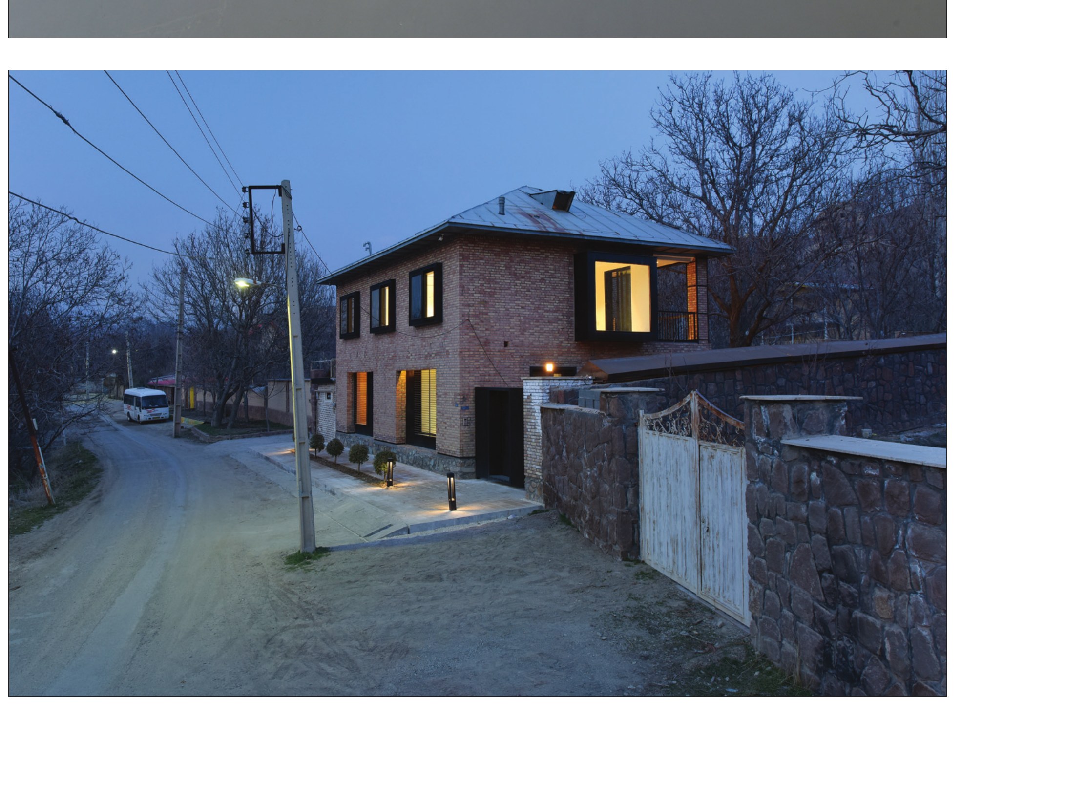 Brick exterior on the village street at twilight