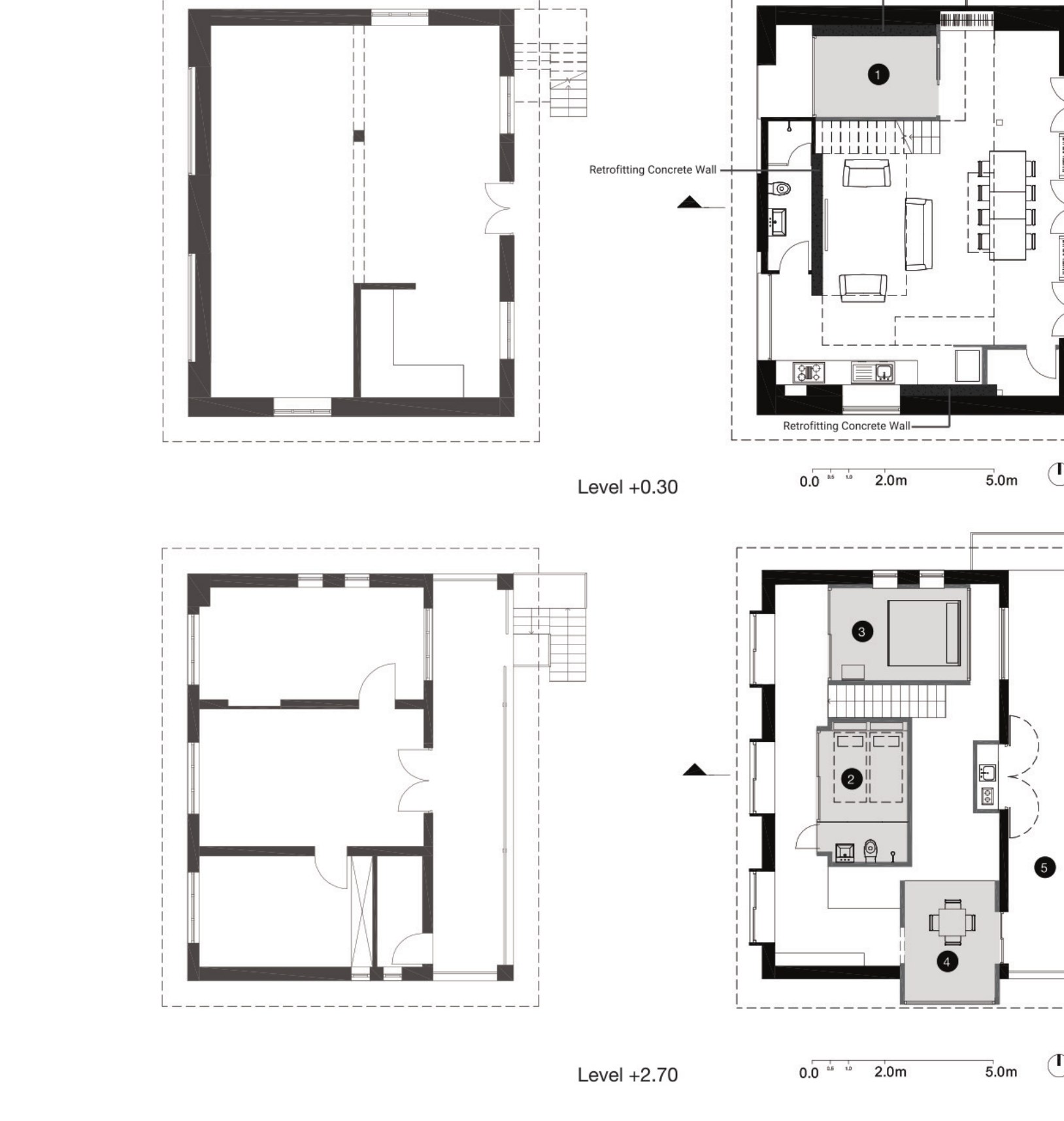 Before-and-after plans at +0.30 and +2.70 levels