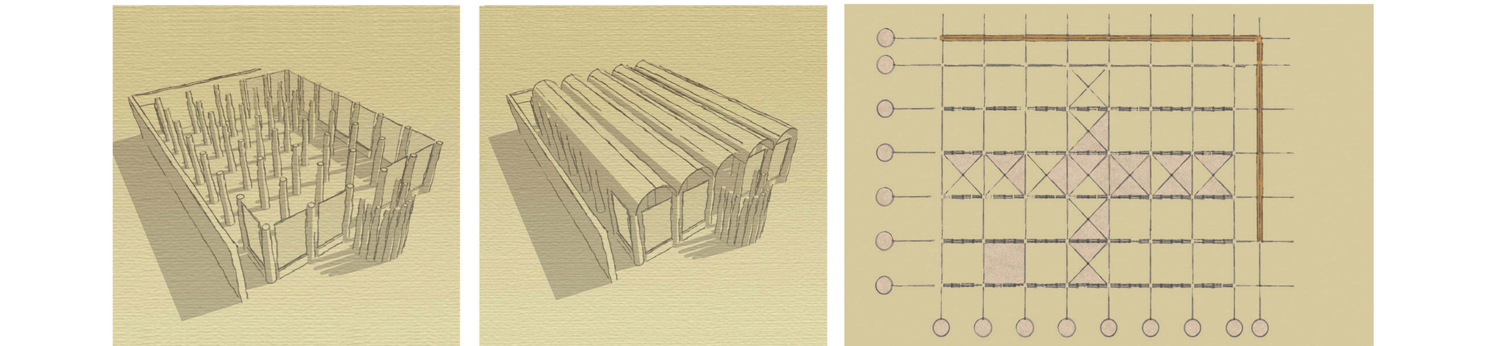 Sectional diagrams of the barrel-vault formation