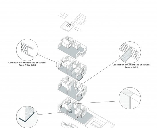 Axonometric drawings of the connection details — window-and-brick foam joints, cement-and-brick cement joints, and other connection conditions documented for the project