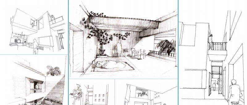 Architect's perspective sketches of the courtyard network