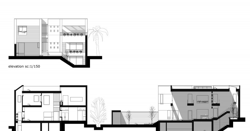 Elevation and section drawings showing three levels and skylit hall