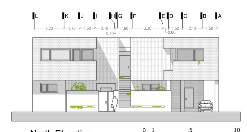 North elevation drawing showing setback, cleft and bedroom-floor levels