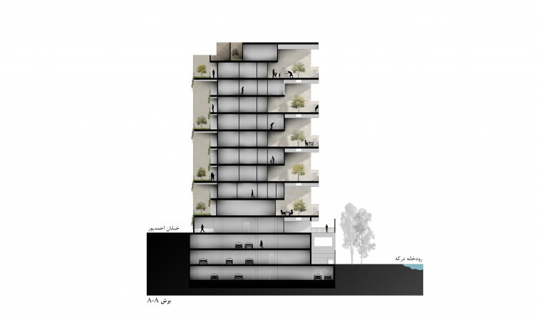 Longitudinal section through the stepped massing